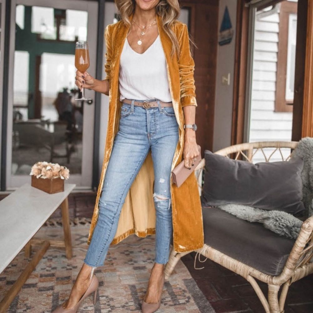 Longline Velvet Retro Duster Coat Jacket in Powder Blue - Picture 4 of 16